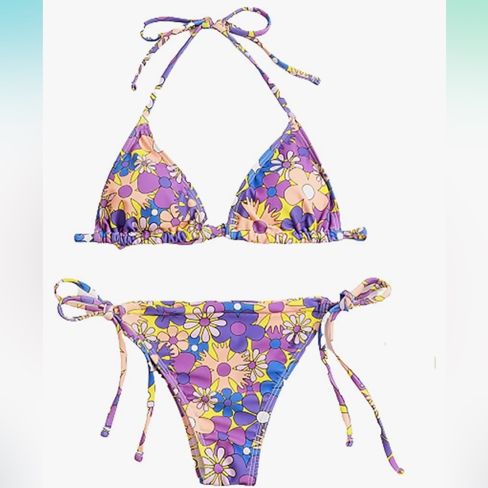 SOLY HUX Women's Floral Print Halter Triangle Bikini Set